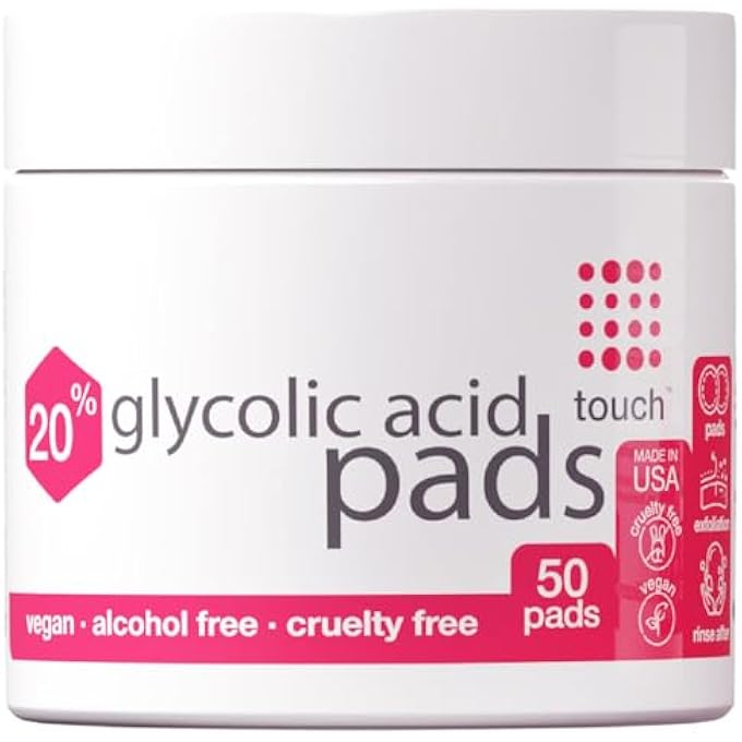 Touch 20% GLYCOLIC ACID PADS EXFOLIATING AND RESURFACING AHA PEEL FACE WIPES - BEST FOR: ANTI-AGING, DULLNESS, PORES, ACNE SCARS, FINE WRINKLES, UNEVEN SKIN TONE & TEXTURE, HYPERPIGMENTATION, 50 COUNT - Image 1